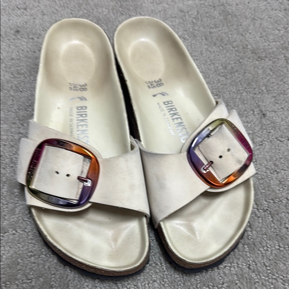 Birkenstock White Slides with Multicolor Buckle